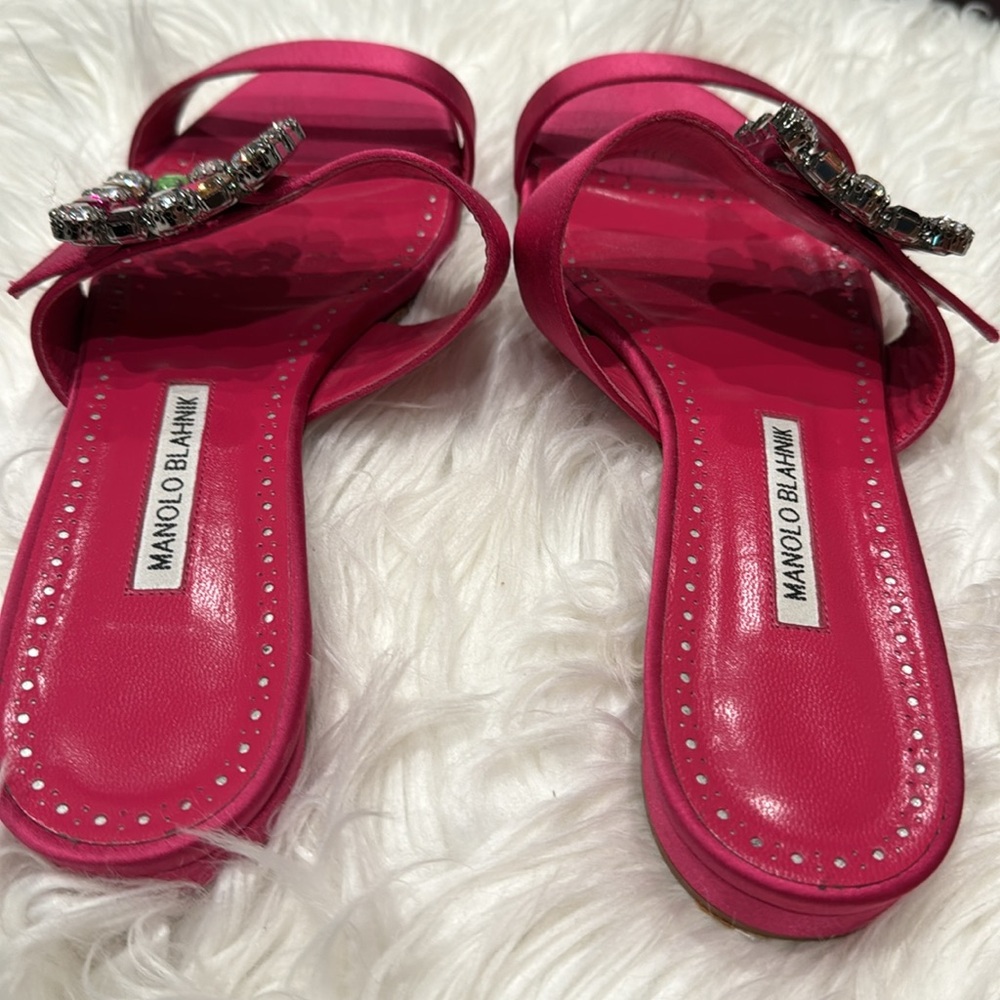 Manolo Blahnik dark pink double strap satin sandals with jewel buckle size 41 - Picture 7 of 10